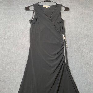 Michael Kors Black Sleeveless Ruched Asymmetrical Hem Dress W/ Chain Womens XS